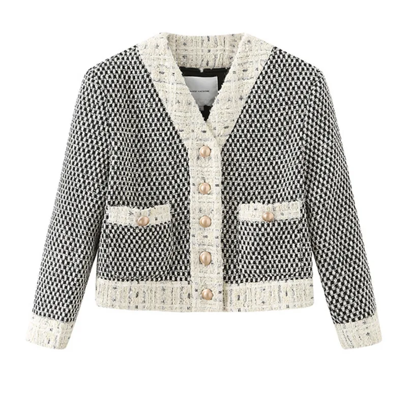 

DEAT 2021 Women Fashion V-neck Long Sleeve Patchwork Contrast Plaid Single Breasted Knitted Short Jacket Autumn Winter 7E3245