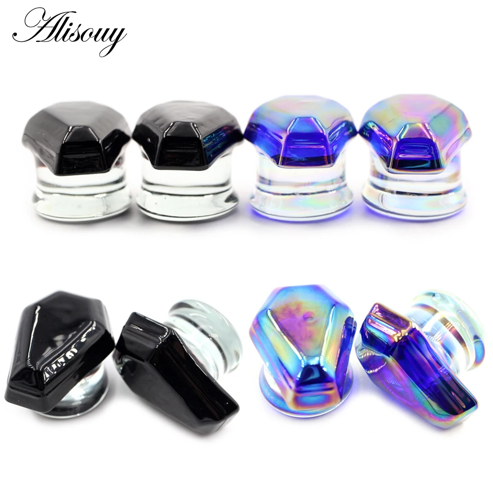 Alisouy 2pcs New Black Coffin Pattern Glass Ear Tunnels Plugs Expander Stretcher Flare Gauges Earrings Body Piercing Jewelry