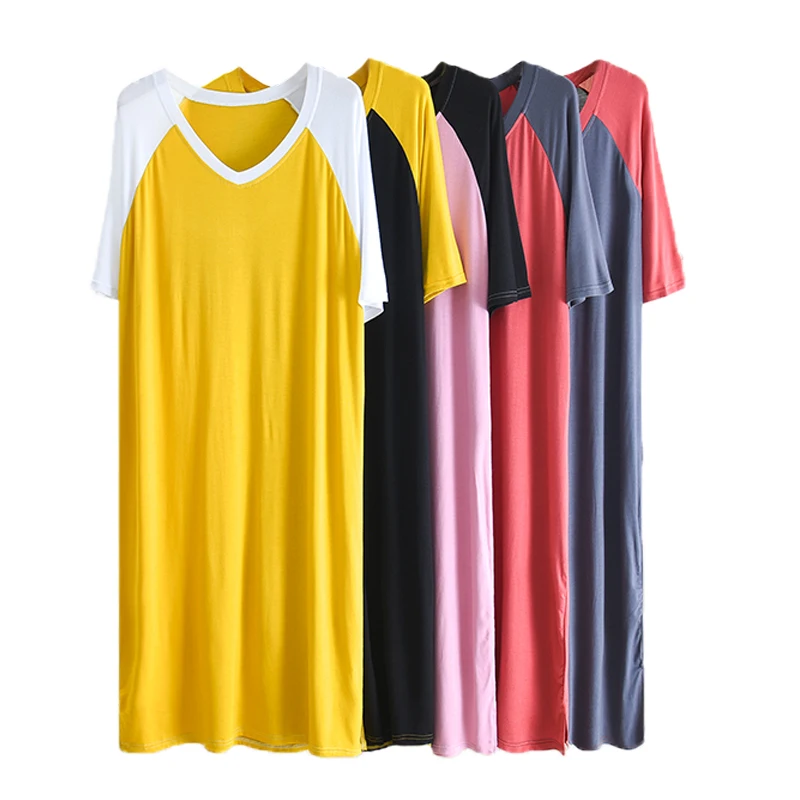 

Modale slim sleeping skirt loose large size dress fat mm casual homewear V collar long skirt summer short-sleeved women