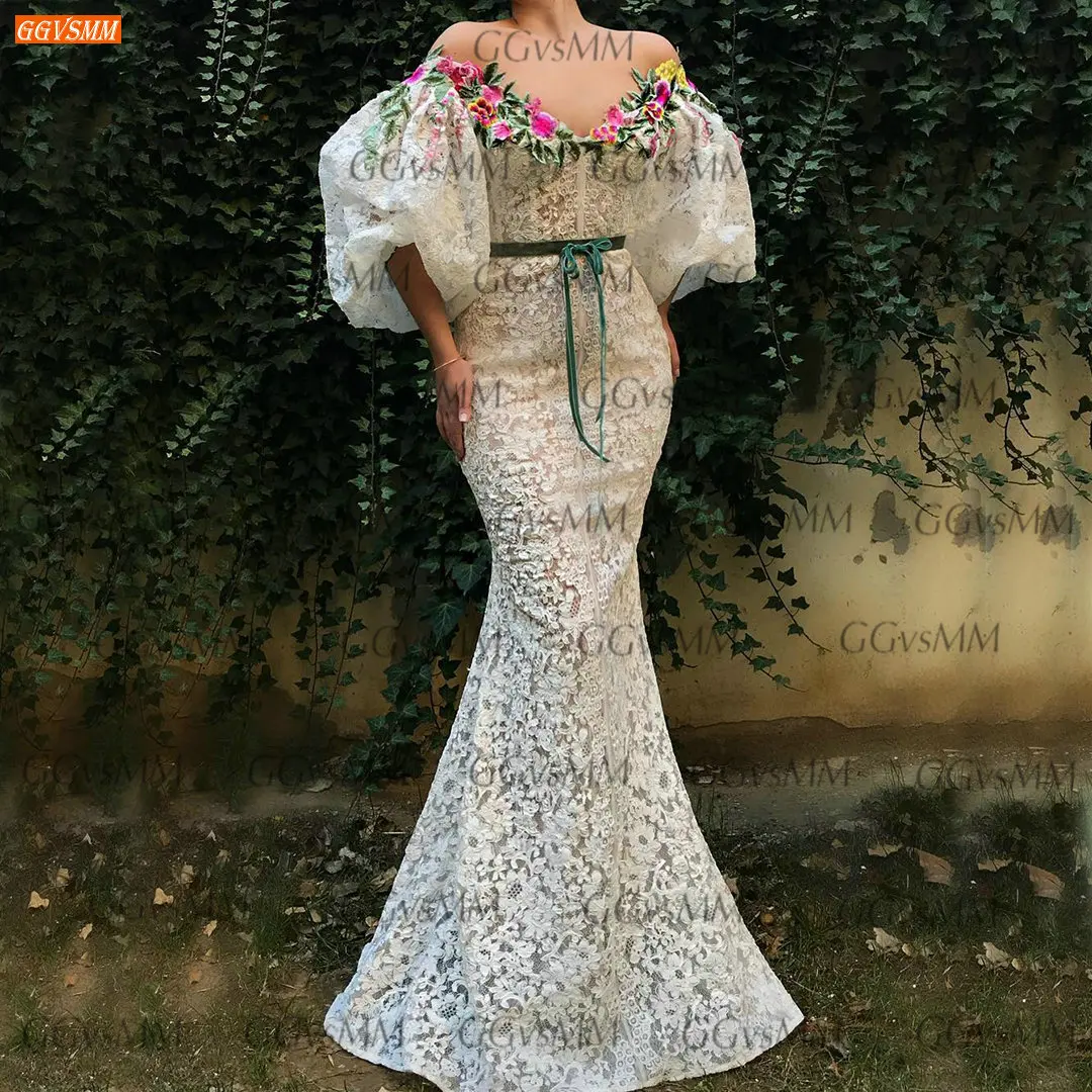 

White Lace Mermaid Evening Dresses 2021 vestidos de fiesta de noche Half Sleeves Slim fit robe de soirée femme Women Party Gowns