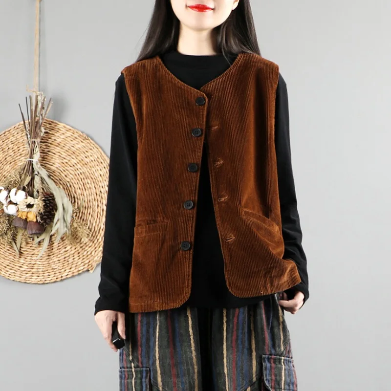 Женский вельветовый жилет в китайском стиле хлопковый ретро на осень и весну с