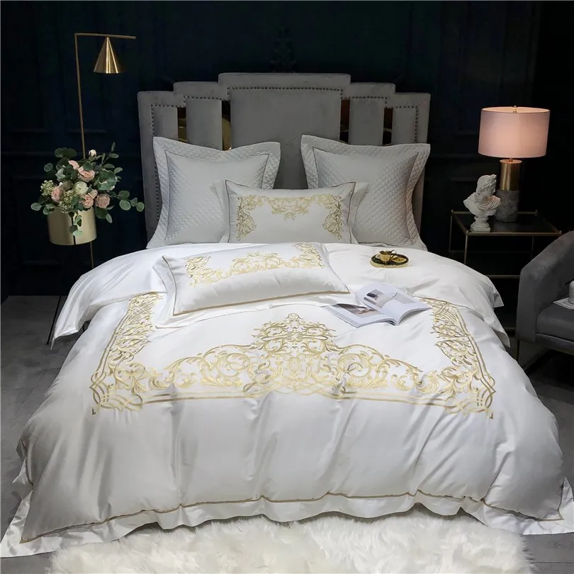 Preço 4cs Premium Branco Capa De Edredão Conjunto Com Zíper Laços 1000tc Algodão Egípcio Bordado 1 Duvet Cover 2 Fronha 1 Folha Cama Plana