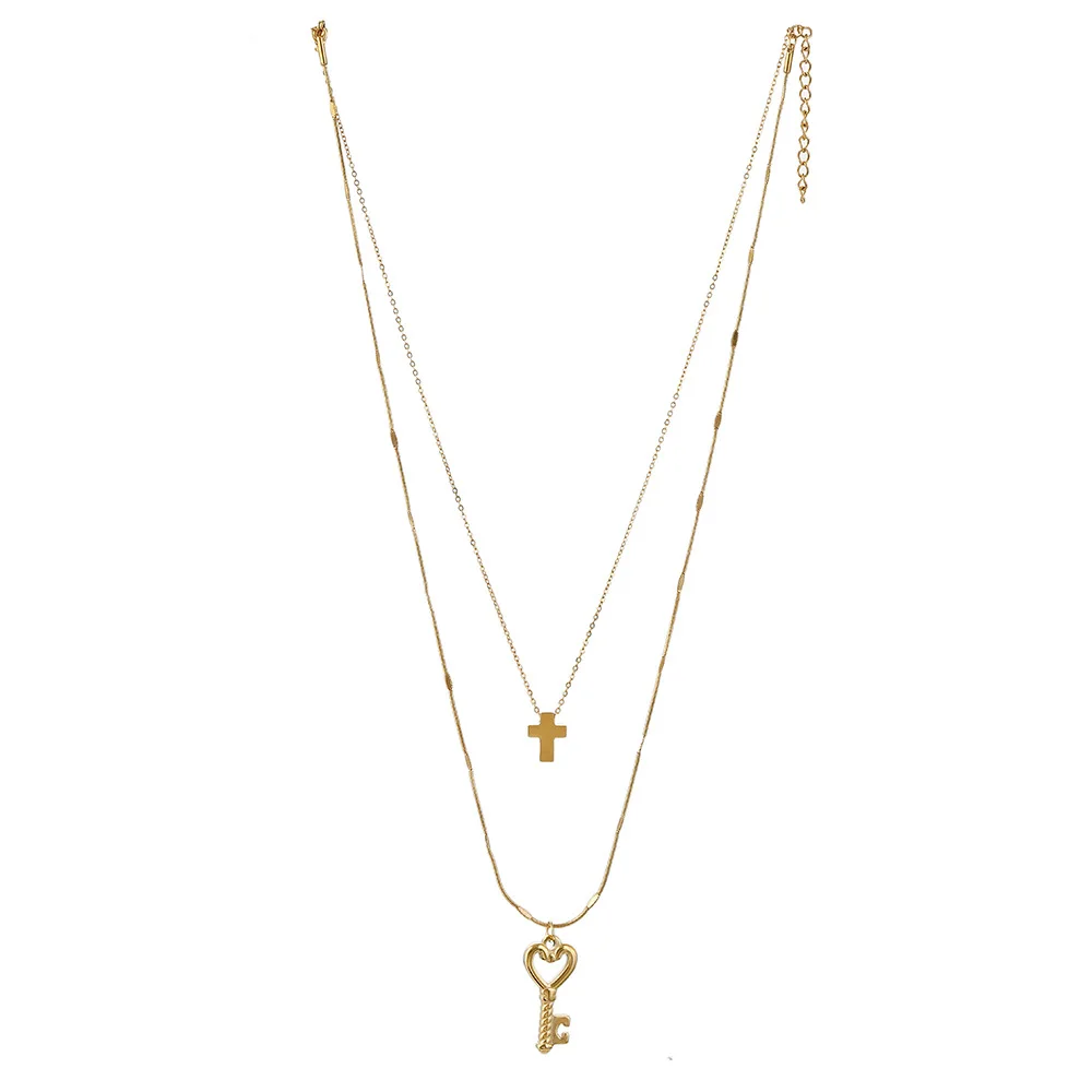 

Stainless Steel Color Golden Necklace Cross Clavicle Chain Love Heart Key Pendant Trend Two layers Chain Choker Aesthetic Jewely
