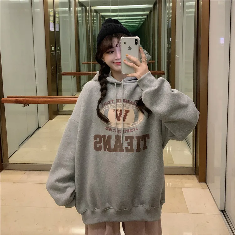 

XZ1154 2021 new printed plus cotton pullover loose hooded white long-sleeved Sweatshirts