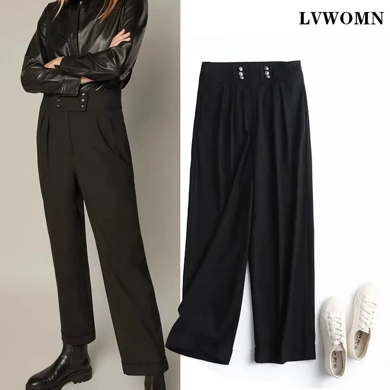 

LVWOMN Pants Za Women 2021 Vintage Fashion High Waist Trousers Women Loose Pockets Office Lady Elegant Casual Female Pants