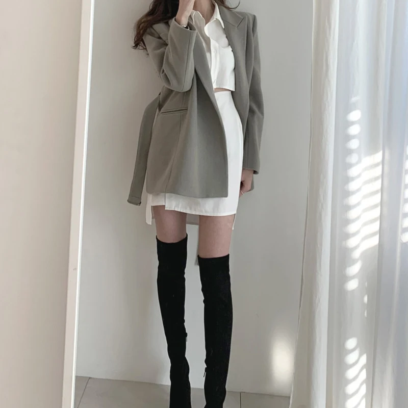 

Women Coats French Casual Warm Belt Solid Female Office Lady Autumn Retro Oversize Loose Woolen Chic Coat