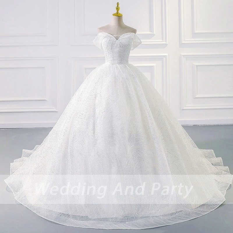 

Элегантное блестящее свадебное платье принцессы для невесты со шнуровкой и открытыми плечами бальное платье знаменитости свадебное плать...