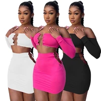 off the shoulder solid pin skirts 2 piece outfits sexy streetwear long sleeve crop top mini skirts club two piece set outfits