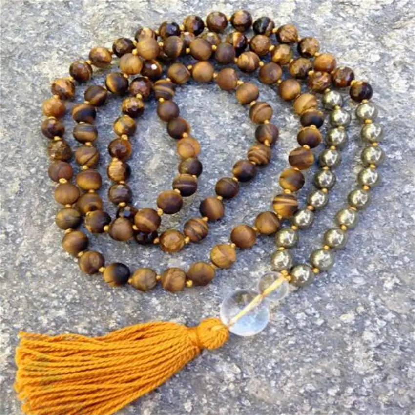 

6mm tiger's-eye Gemstone 108 Beads Tassels Mala Necklace Chakas cuff natural energy yoga Wrist MONK Healing Handmade Buddhism