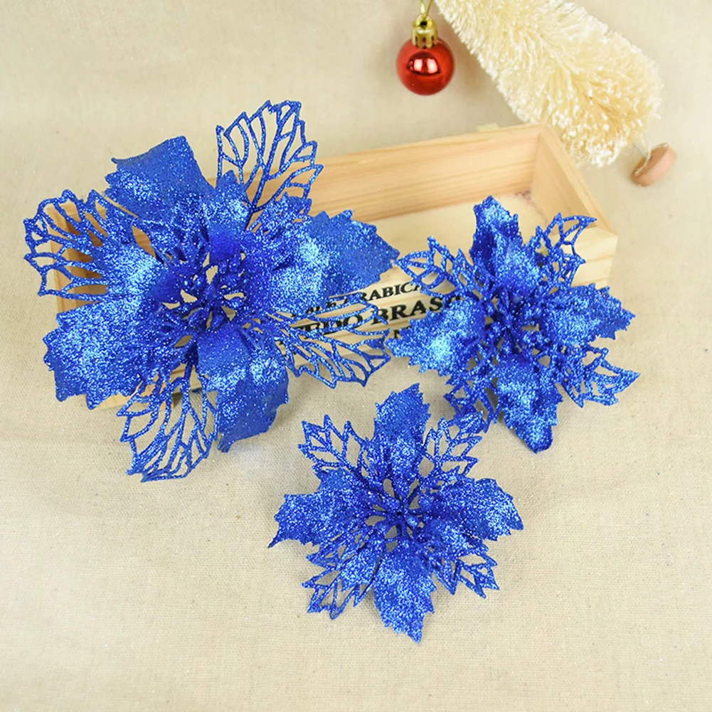 

5pcs Glitter Artificial Poinsettia Flower with Berry Wedding New Year Christmas Cherry Flower Decorations Xmas Tree Ornament