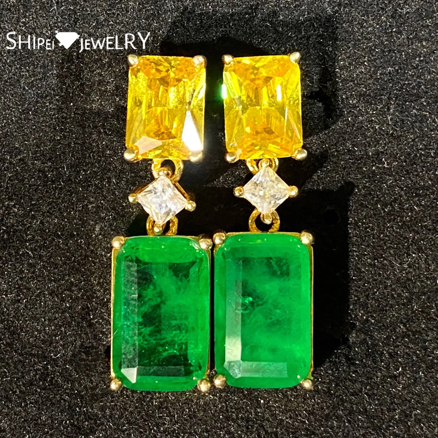 

Shipei Vintage 925 Sterling Silver Emerald Citrine Square Gemstone Wedding Fine Jewelry Engagement Dangle Earrings For Women