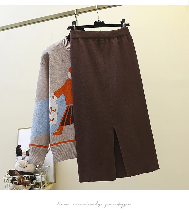 

Autumn 2 Piece Knitted Set Women Pattern Girl Loose Sweater Pullover + Side Split Bodycon Skrit Female Winter Sweater Skirt Sets