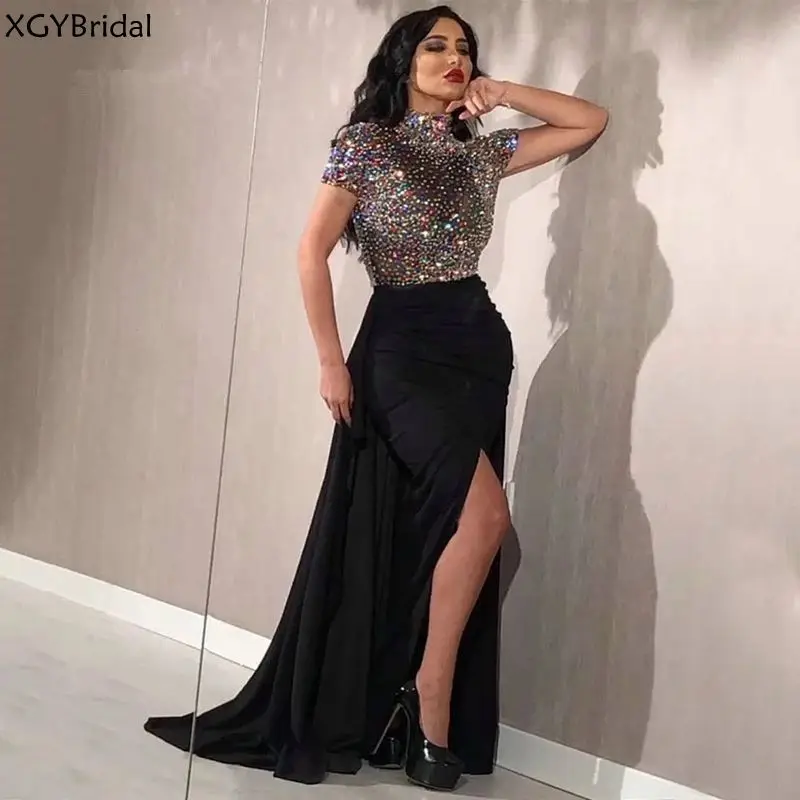

High Collar Sexy Muslim Evening Dresses Vestidos Mermaid Beaded Crystals Dubai Saudi Arabic Long Evening Pageant Gown