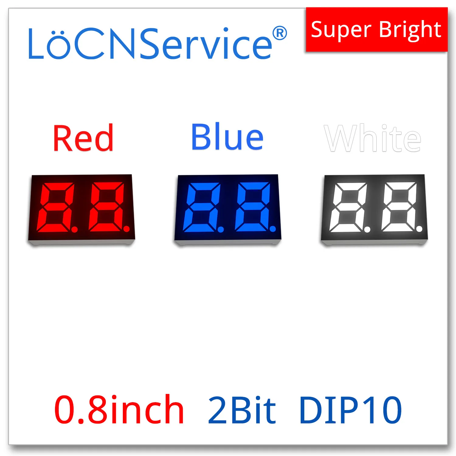 LoCNService 30PCS 0.8Inch Digital Tube LED Display 2 Bit Red Blue White Common Anode / Cathode 7 Segment 0.8 inch