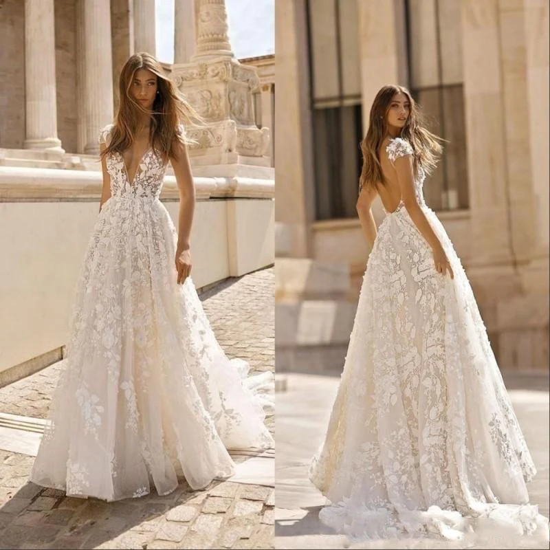

Latest Designs A-line Wedding Dresses Cap Sleeves Appliques Lace Sexy Deep V-Neck Long Dress Bridal Gowns Beach Robe De Mariee