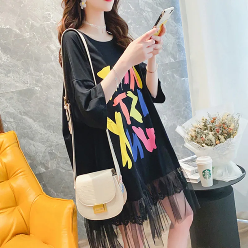 #4936 черные белые розовые платья футболки с коротким рукавом свободное Сетчатое