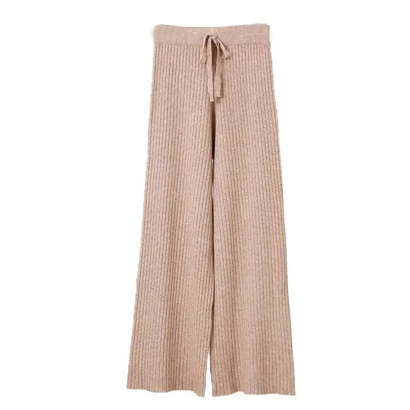 

Casual Elastic High Waist Straight Leg Trousers Female Baggy Solid Knitted Wide Leg Pants Women Office Lady Loose Autumn Pants