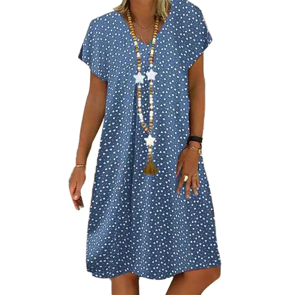 

Women Summer V Neck Casual Short Sleeve Dot Heart Print Loose Knee-length Dress