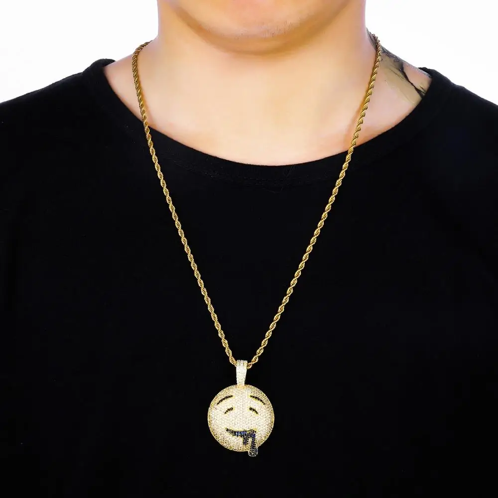 Drool Round Face Pendant With Tennis Chain Iced out Charm Bling Cubic Zircon Men's Hip hop Necklace Rock Jewelry | Украшения и