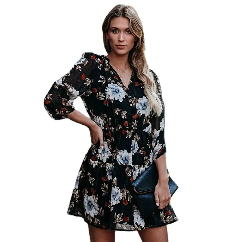 

2021 Fall new women's print dress small floral mid-skirt fashion beautiful and generous contracted A-lineskir 48151130