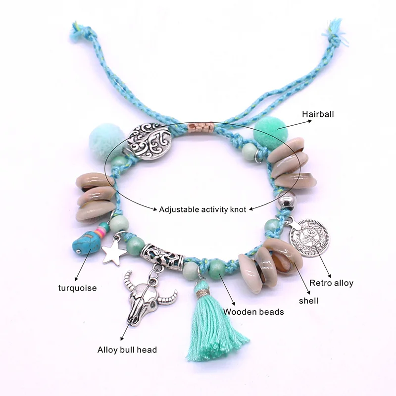 Shell anklet fashion beaded shell bull head retro Bohemia beach party alloy lady bracelet foot jewelry | Украшения и аксессуары