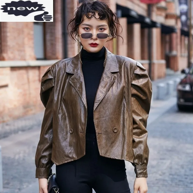 High Street Faux Leather Vintage Bikers Jacket Women Short Coat Loose Fit Fashion Outerwear Puff Sleeve Punk Ladies Pu Jackets