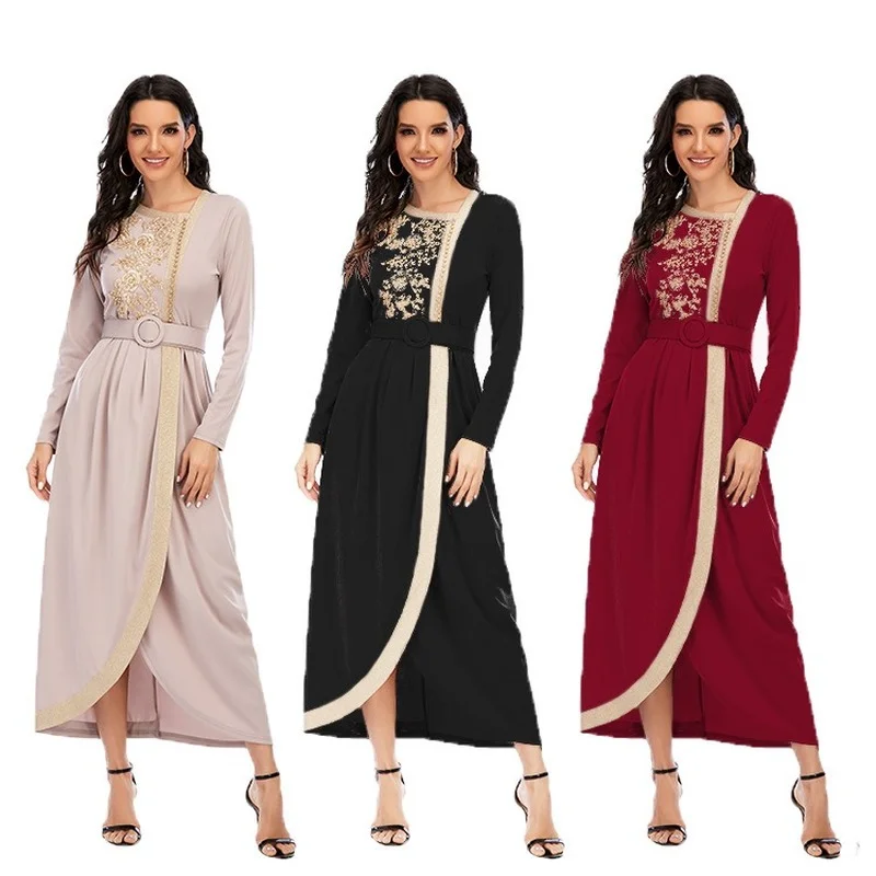 Muslim Dress Middle East Ramadan Dubai Abaya Turkey Muslim Fashion Robes New Embroidery Beaded Slim Long Dress Belt Donsignet