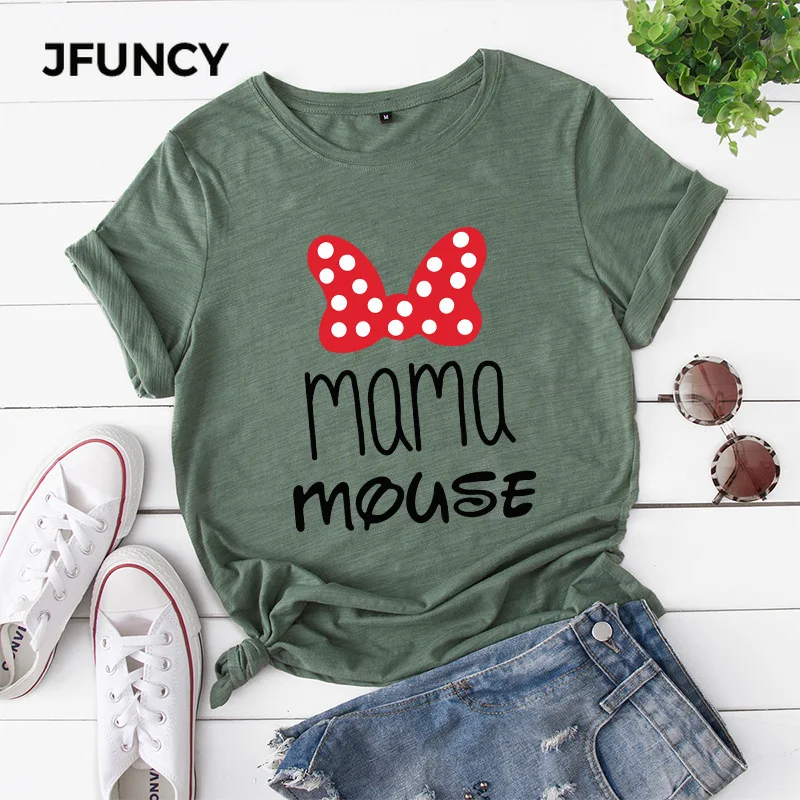 

JFUNCY Mama Mouse Harajuku Graphic Mom T-shirts Plus Size Summer Loose Casual Women Tshirts 100% Cotton Shirts Female Tee Tops
