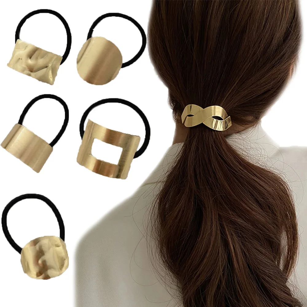 

Round Hair Rope Fashion Retro Metal Geometric Hollow Rectangle Star Hair Ring Ponytail Hair Accessories for Women Girls