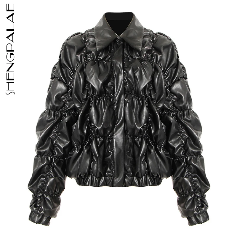 

SHENGPALAE Streetwear Folds PU Leather Jacket Women's Winter 2021 New Lapel Loose Single Breatsed Long Sleeve Jacket Female
