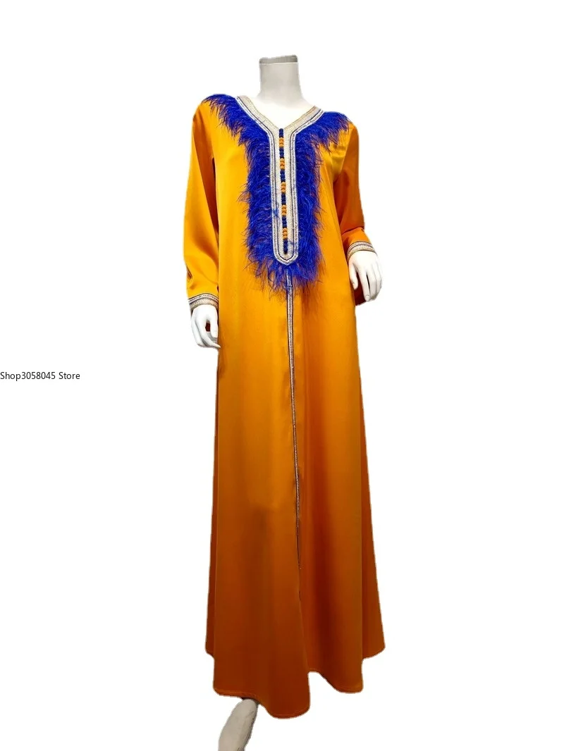

Elegant Ethnic Maxi Dress For Women Fashion Muslim Dubai Jalabiya Feather V Neck Ribbon Morocco Turkey Arabic Robe Autumn 2021
