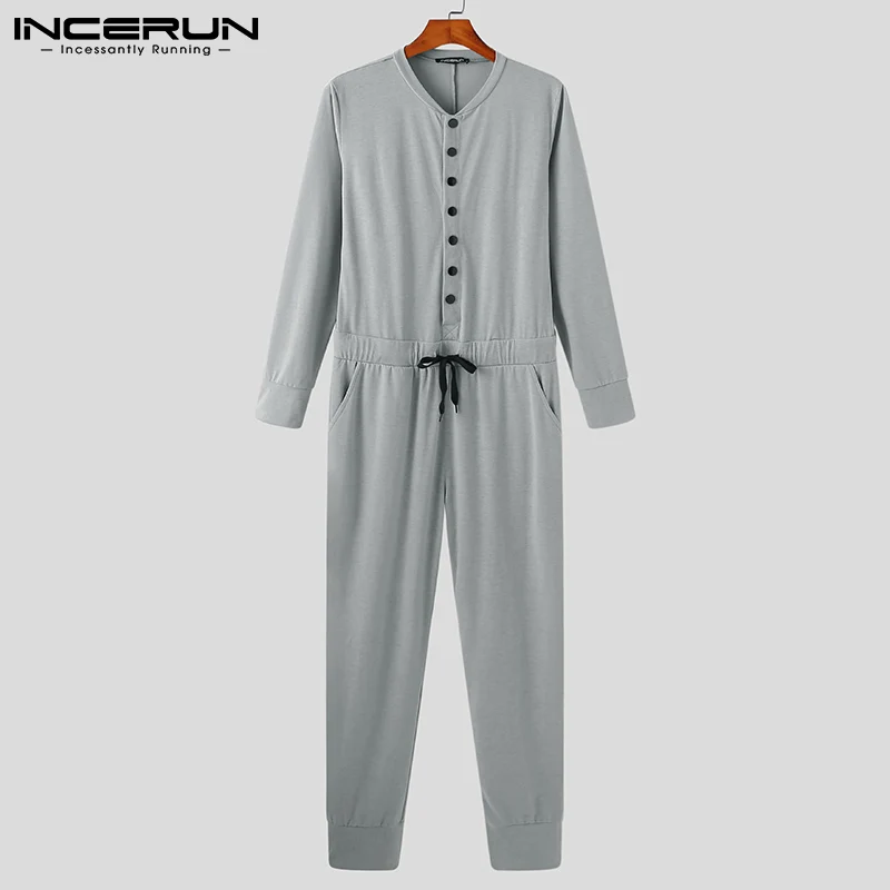 

INCERUN Solid Color Men Pajamas Jumpsuits V Neck Long Sleeve Homewear Leisure Comfortable Rompers Button Mens Nightwear S-5XL