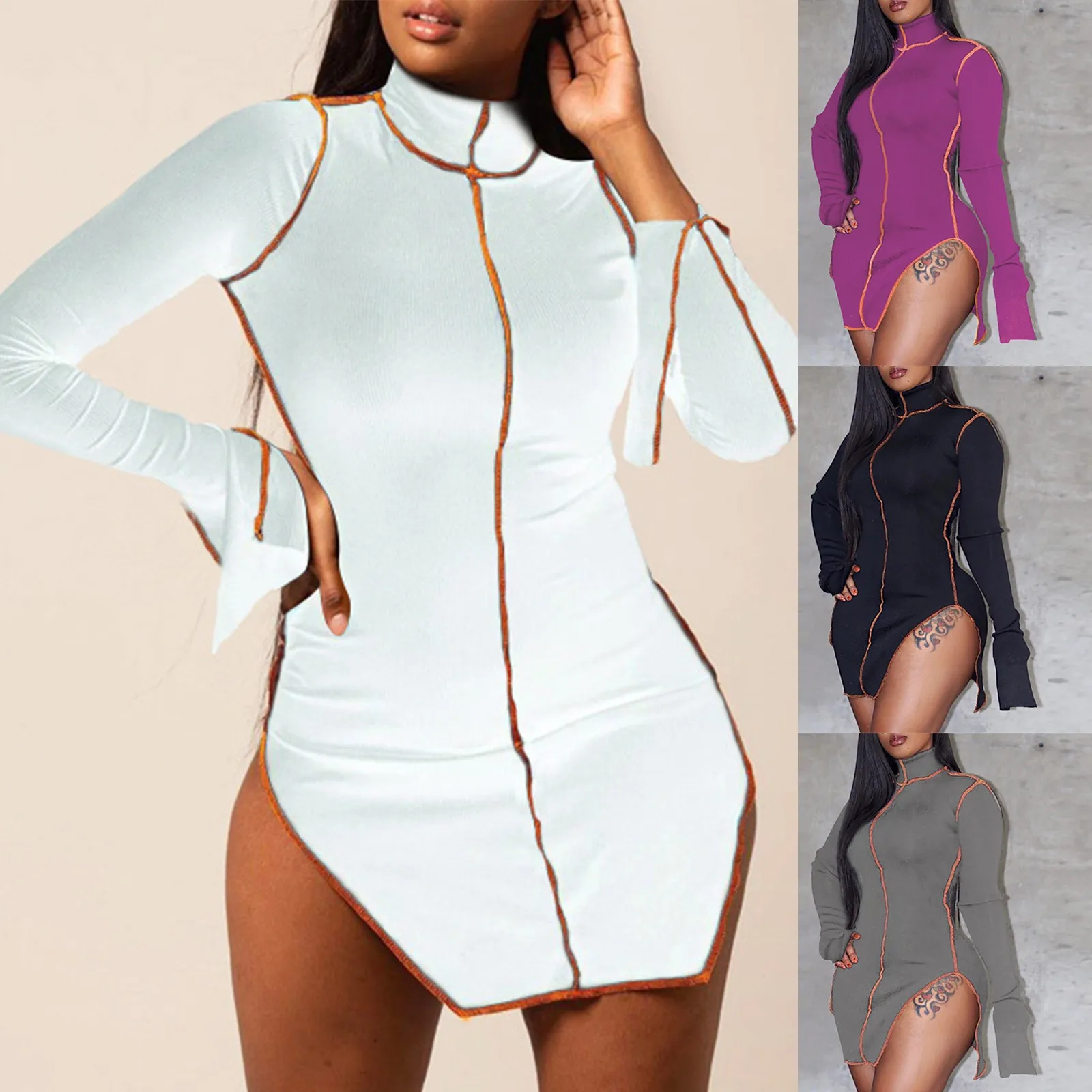 Fashion Long-sleeved dress High Collar robe Splicing Line Temperament Slim Dress Women Casual Loose woman женское платье |