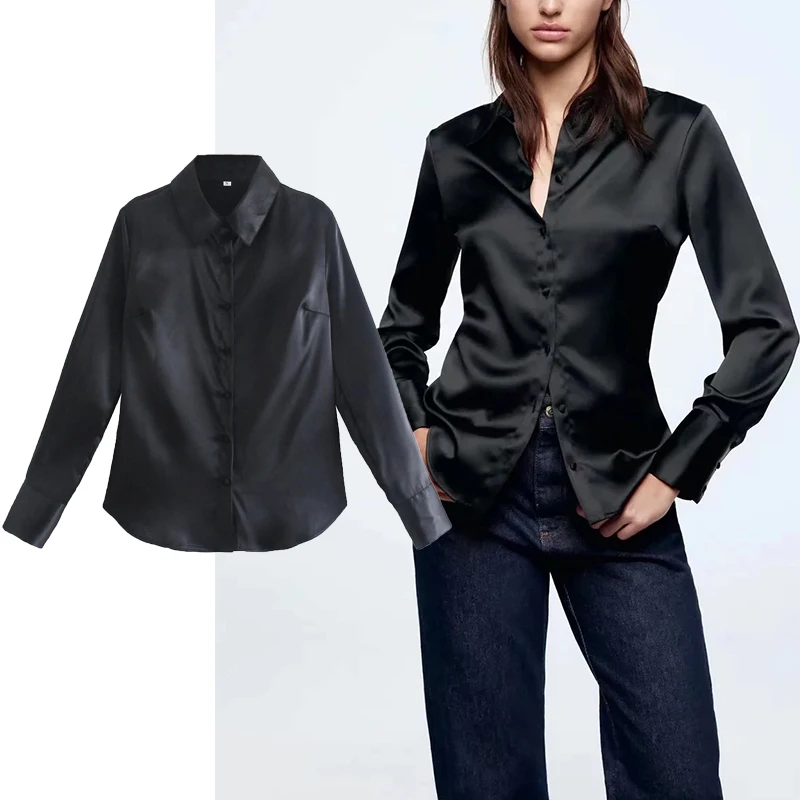 

Za Women Solid Long Sleeve Blouse 2022 Spring Autumn Satin Casual Soft Top Turn Down Collar Single Breasted Female Fashion Shirt