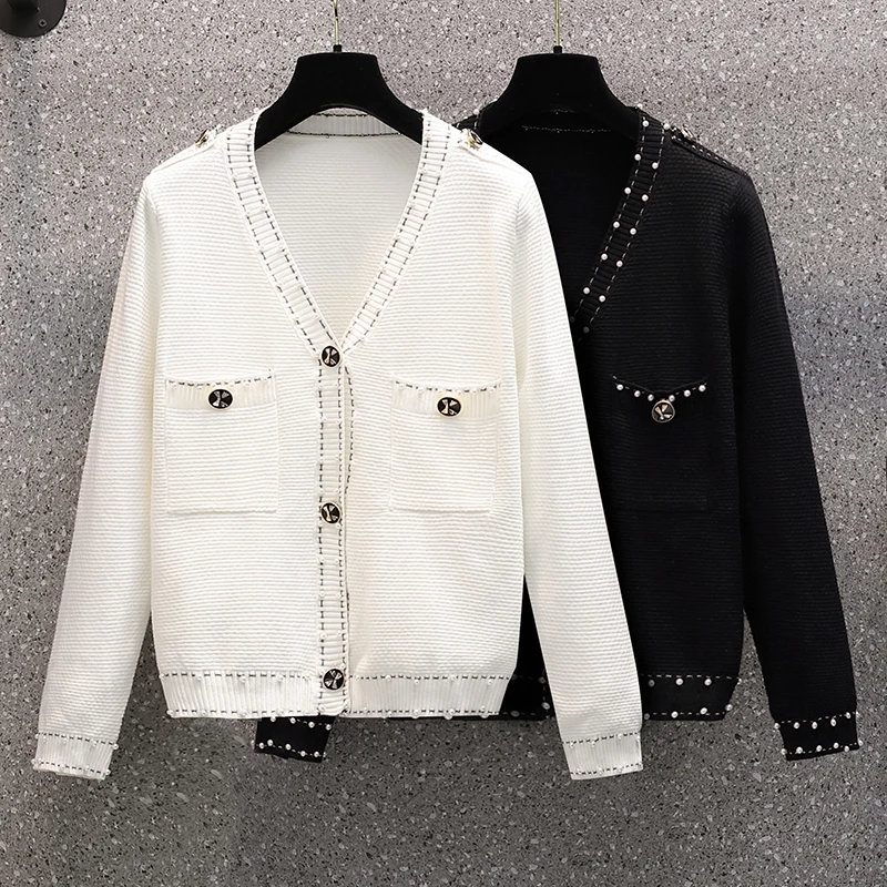 

Black White Sweet Knitted Bead Plus Large Size Oversize Korean Style Fashion Cardigan For Women'S Ladies Sweater Autumn Winter
