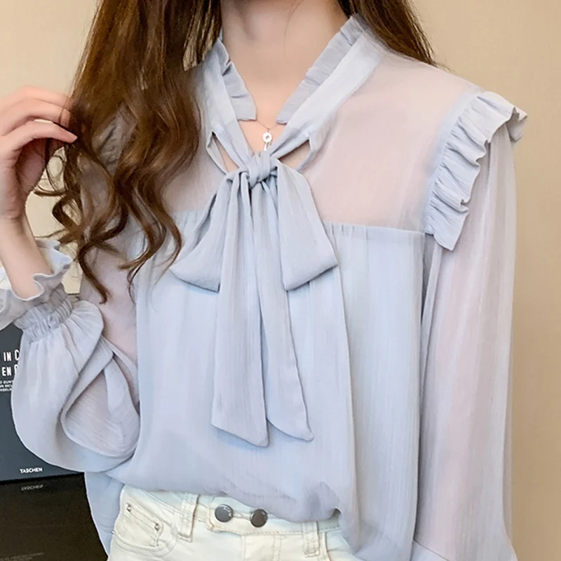 Шифоновая Блузка с V-образным вырезом, Женский Топ, блузка с длинным рукавом, женские блузки, Рубашки, Топы, осень 2021