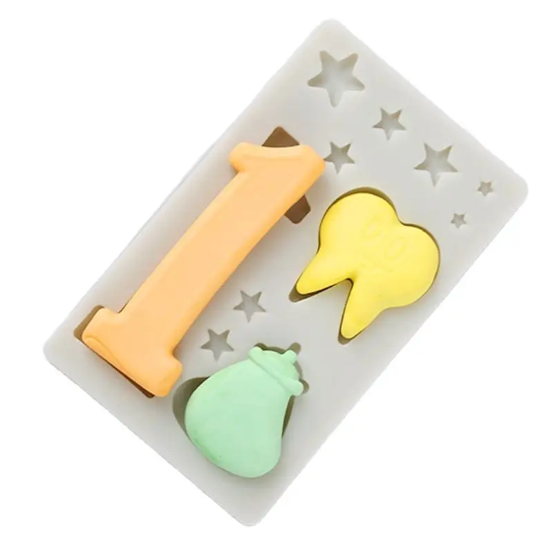 Molde de silicona con letras de los dientes y estrellas, herramienta de decoración de pasteles, Fondant, caramelo de Chocolate, molde de cumpleaños para bebé, 1 unidad, k912