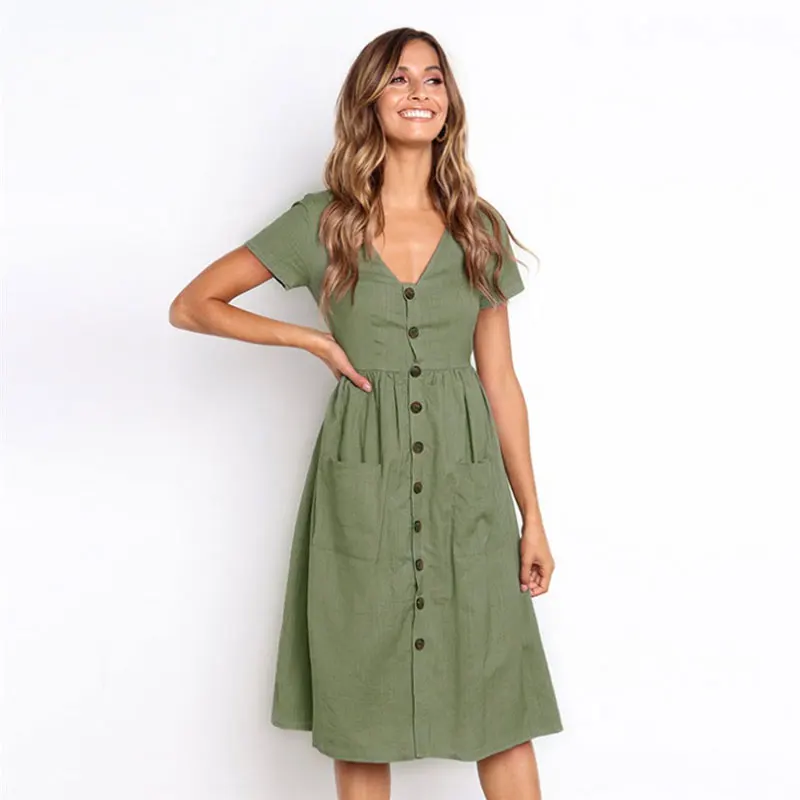 

2021 Summer Women's Fashion V Neck Button Simple Pocket Short Sleeved Middle Length Dresses Casual Basic Clothes for Women