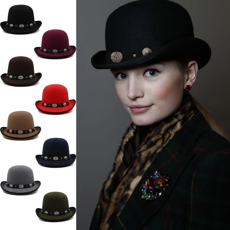 

Men Women Oval Top Classical Wool Bowler Hat Roll Rim Derby Cap Sunhat Party Street Style Adjustable Size US 7 1/8-7 3/8 UK M-L