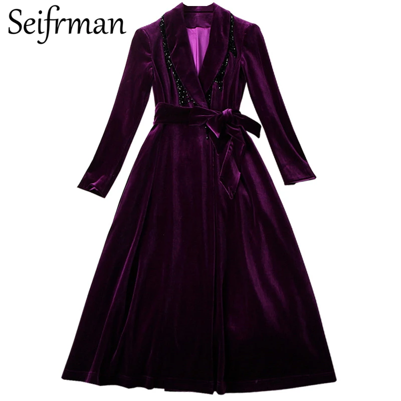

Seifrmann 2021 New Women Winter Fashion RunwayBlends Coat Bow Sashes Beading Solid Printed Elegant Ladies Velvet Coats Overcoat