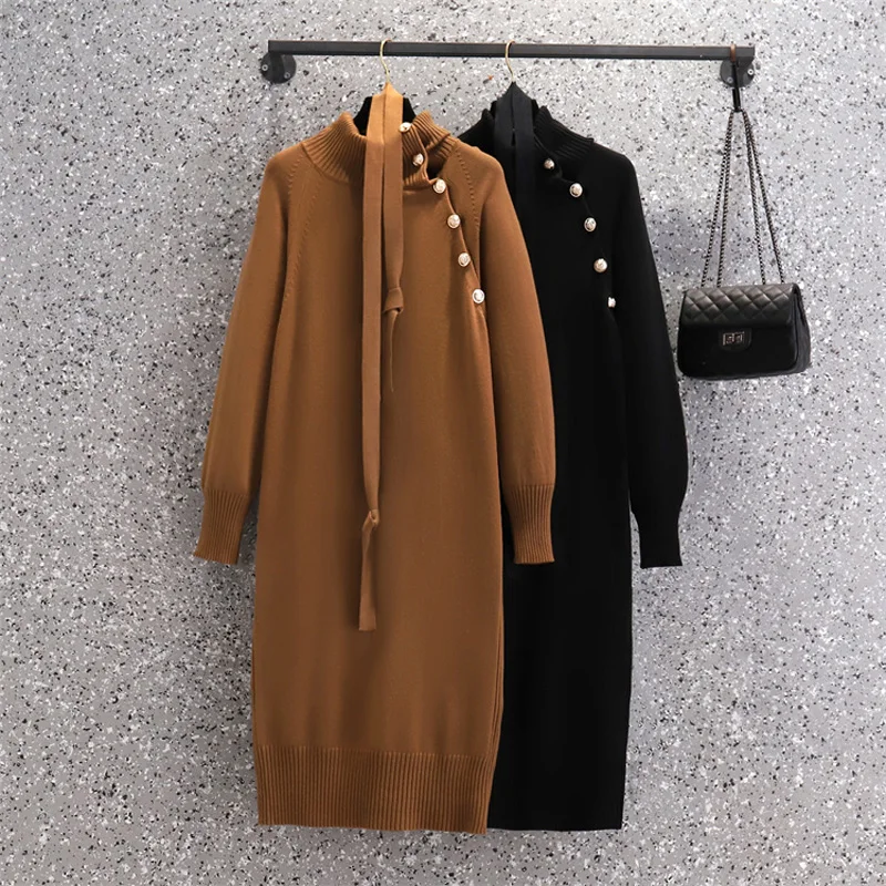 

Solid Knitted Long Dress Women Autumn Winter Turtleneck Long Sleeve Sweater Dress Lady Buttons Loose Casual Dress Vestidos cloth