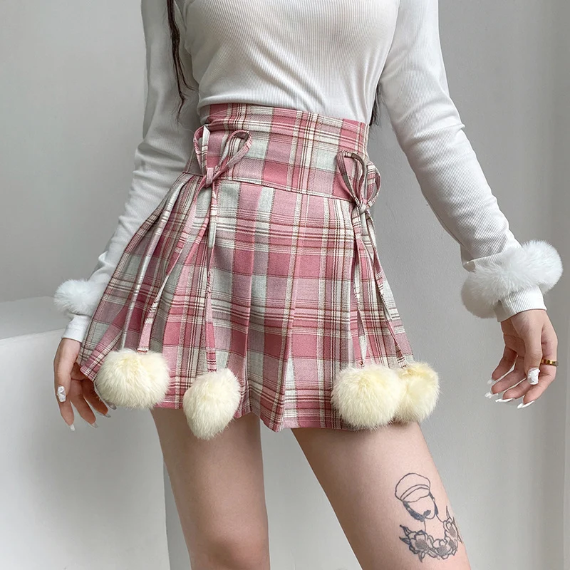 

YYXZ Spring Fashion Slim Cute Preppy Style Lace-up Plaid Contrast Color High Waist SML Woman Casual Pleated Skirt Lady Skirt