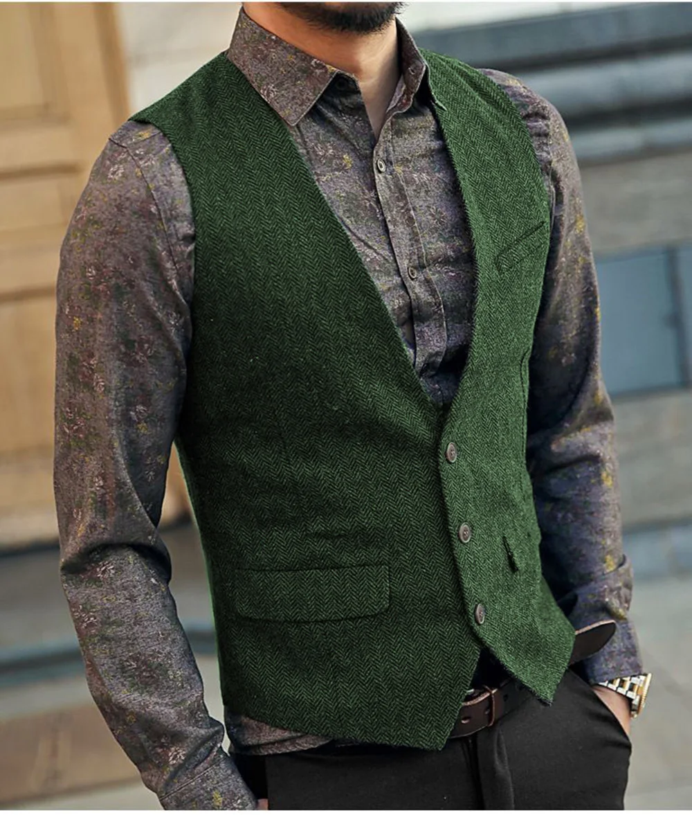 Grey Men's Vest Suit Boutique Wool Tweed Slim Fit Leisure Cotton Male Gentleman Beckham Business Waistcoat For Wedding Groomsmen | Мужская