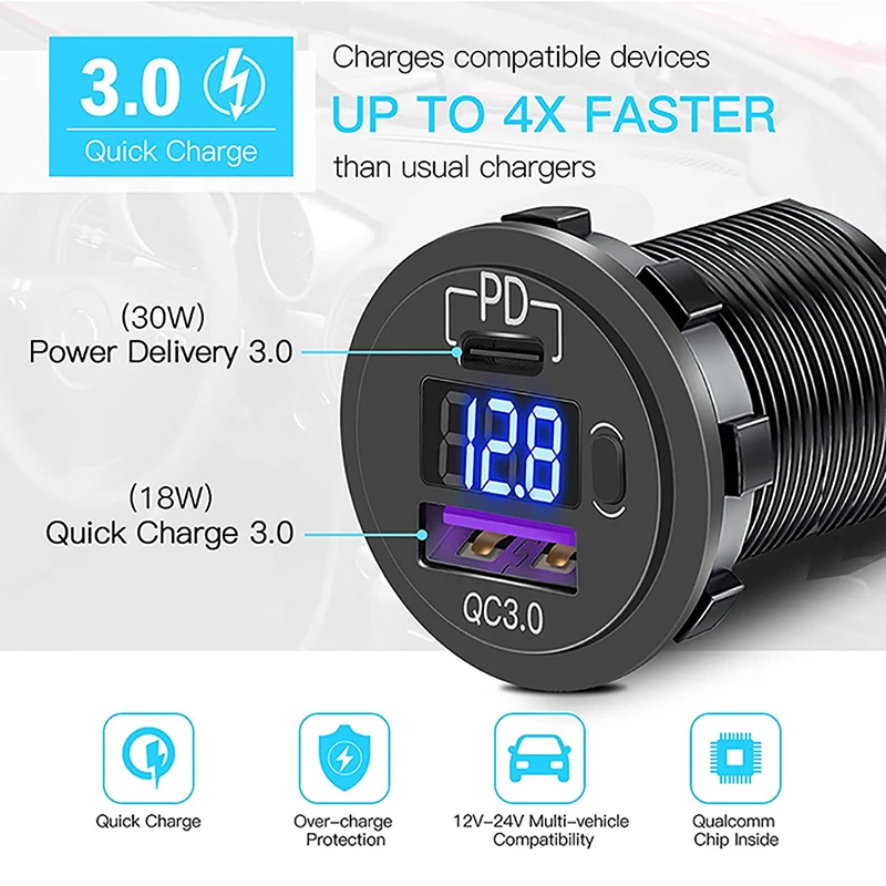 Автомобильная USB-розетка PD Type-C QC3.0 12 В/24 В автомобильное зарядное устройство