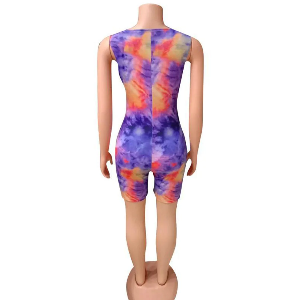 

Tube Top Biker Shorts One Piece Overalls for Women Sleeveless Deep V Neck Rompers Zipper Up Bodysuits Tie Dye Print Activewears