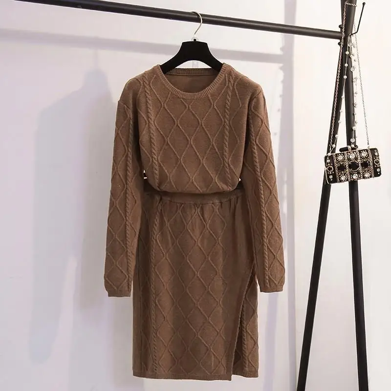 Вязаный комплект из 2 предметов Женский пуловер свитер и вязаные юбки облегающий