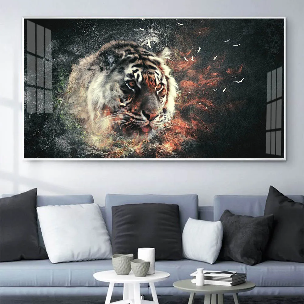 

Animal oil painting flame background tiger art canvas painting gift painting living room corridor office home decoration mural