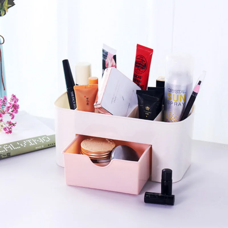 Plastic Makeup Organizer Make Up Brush Storage box with Drawer Cotton Swabs Stick case escritori Pink Blue Green | Дом и сад