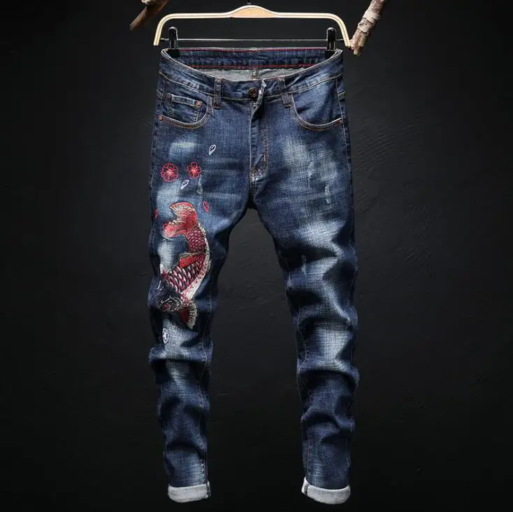 Original design trousers men's jeans embroidered new European and American style small straight stretch carp slim trendy pants