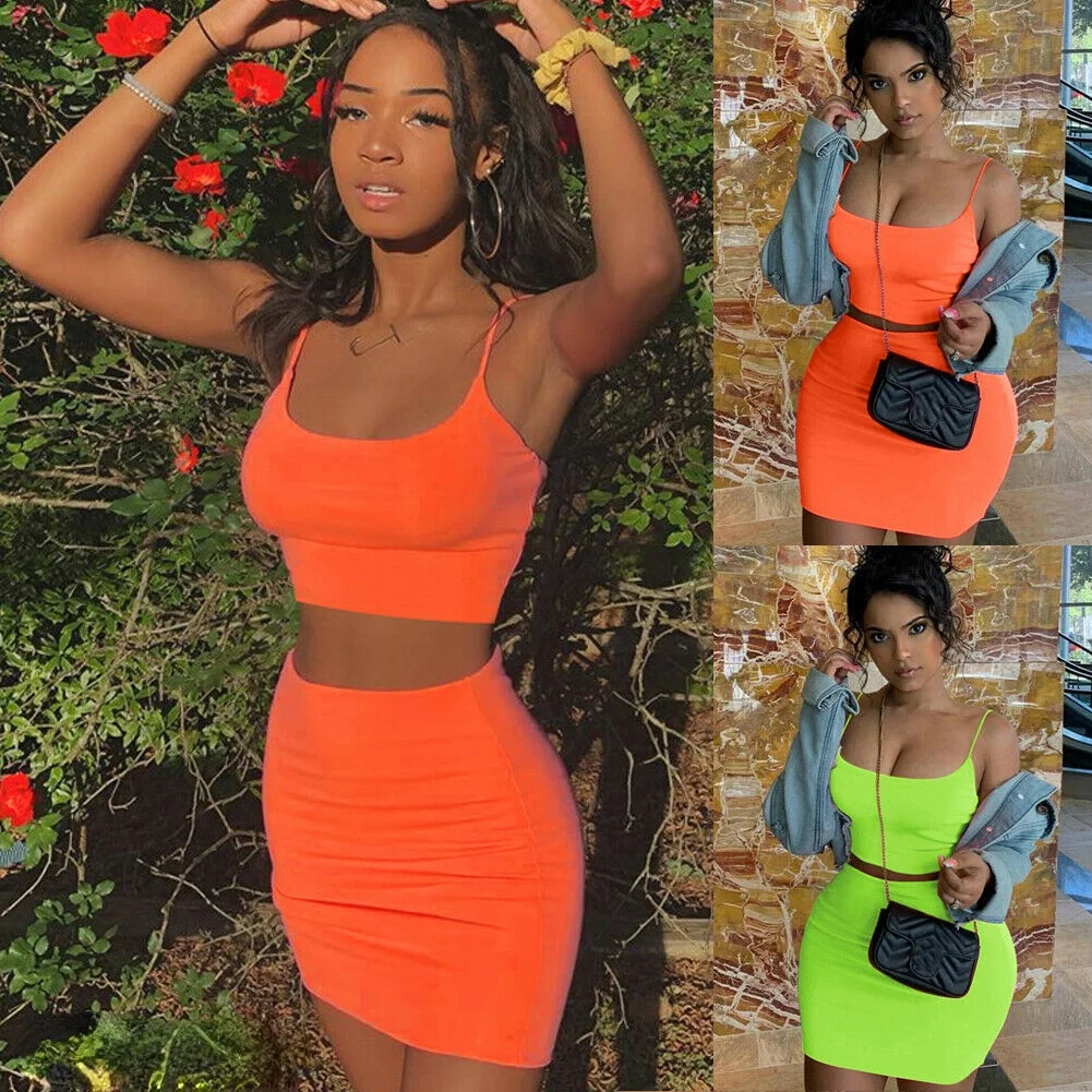 

Womens Tank Crop Tops Skirt Outfits Two Piece Bodycon Bandage party Mini Dress Soild Hot